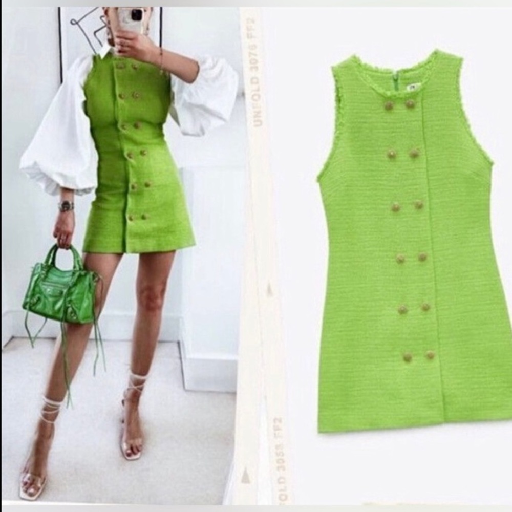 Zara Green Textured Woven Dress Gold Buttons